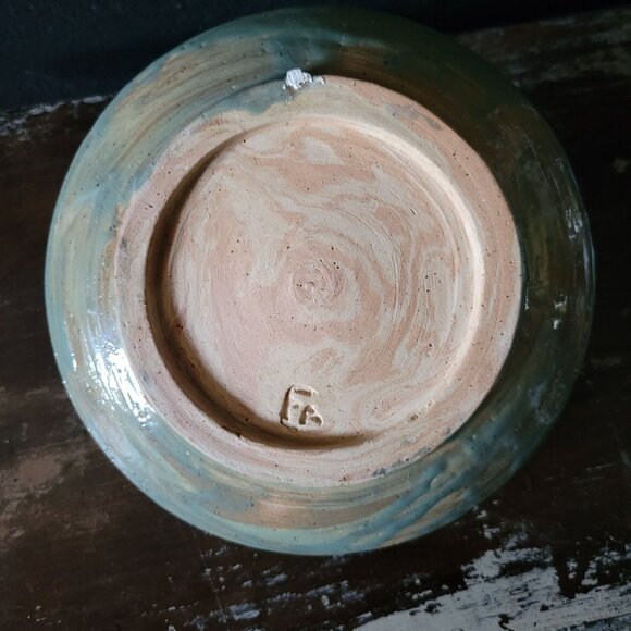 Vtg Studio Pottery Bowl Blue Brushstroke Design Double Spout and Crackle Glaze - Picture 7 of 9